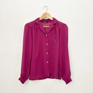 Vintage Jacques Fath Paris Raspberry Purple Embroidered Chiffon Button Front Top